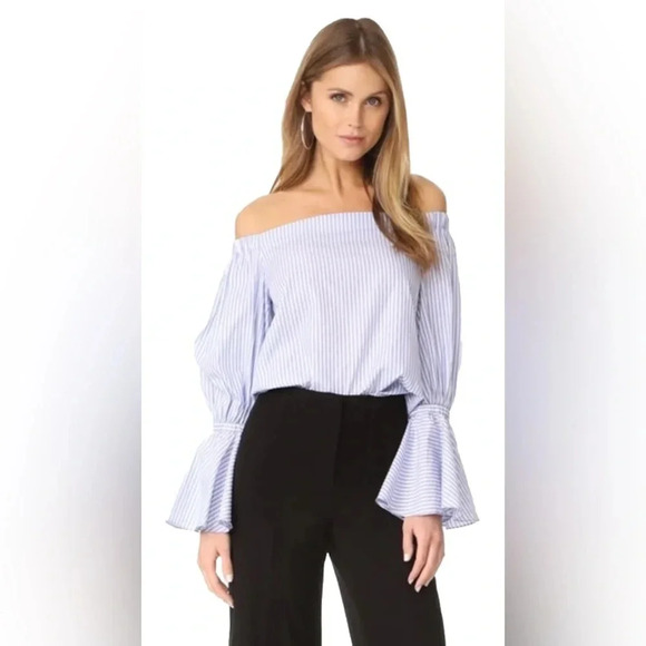 Alexis Juniper Blue Striped Off the Shoulder Flare Bell Sleeve Blouse Medium - Picture 3 of 10